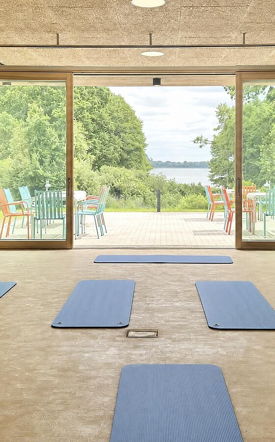 Moderner Yogaraum mit Holzparkett und Kunstwerken, ausgelegten blauen Yogamatten und einer großen Glastür mit Blick auf Terrasse, Bäume und See.